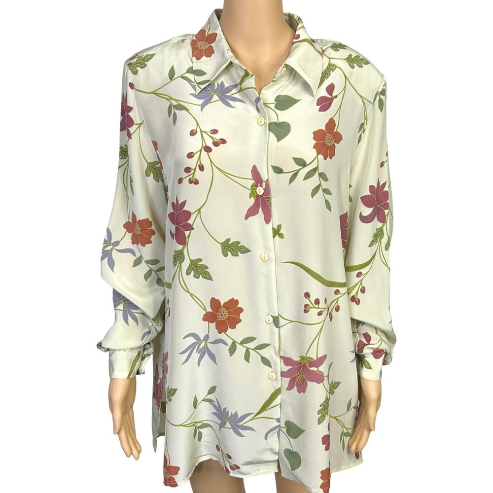 Vintage Silk Lore By Beth Terrell Womens L Floral Button Up‎ Short Sleeve Blouse